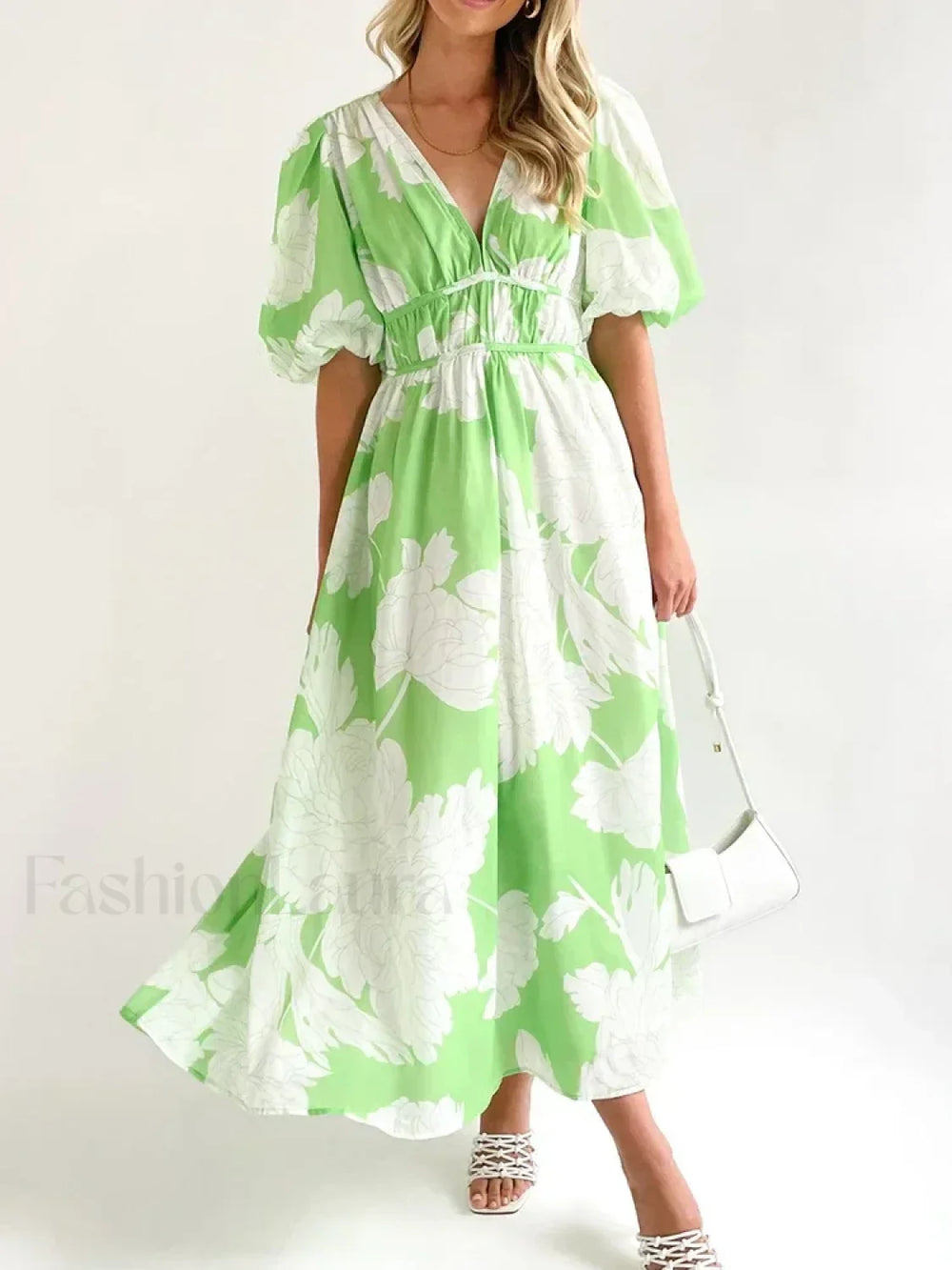 Elegant Floral Printed Women V Neck Elastic High Waist Retro Summer Fashion Maxi Dress Green / S