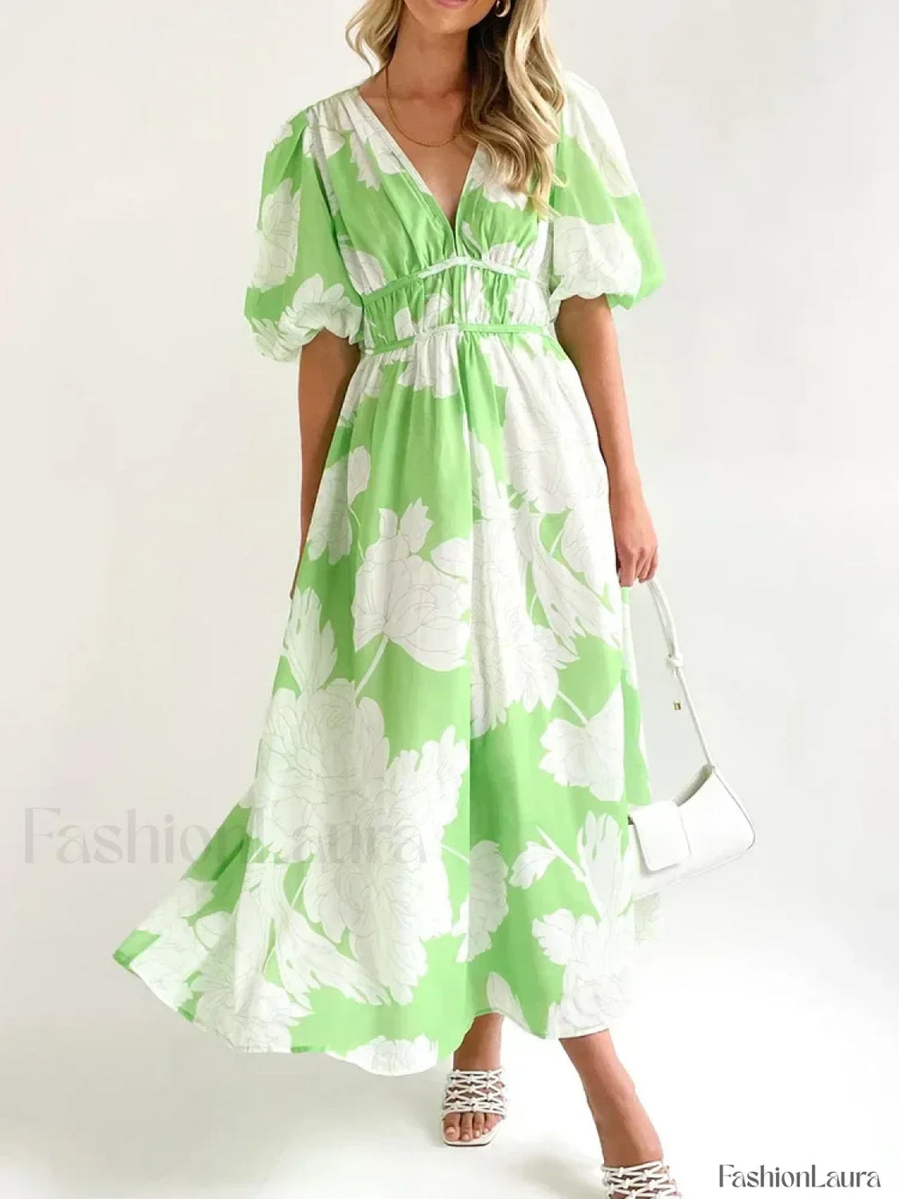 Elegant Floral Printed Women V Neck Elastic High Waist Retro Summer Fashion Maxi Dress Green / S