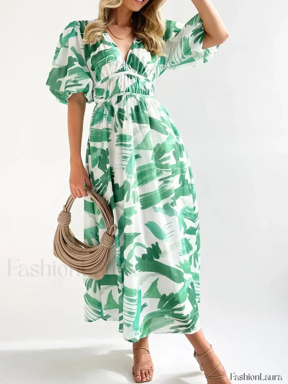 Elegant Floral Printed Women V Neck Elastic High Waist Retro Summer Fashion Maxi Dress LIGHT GREEN / S