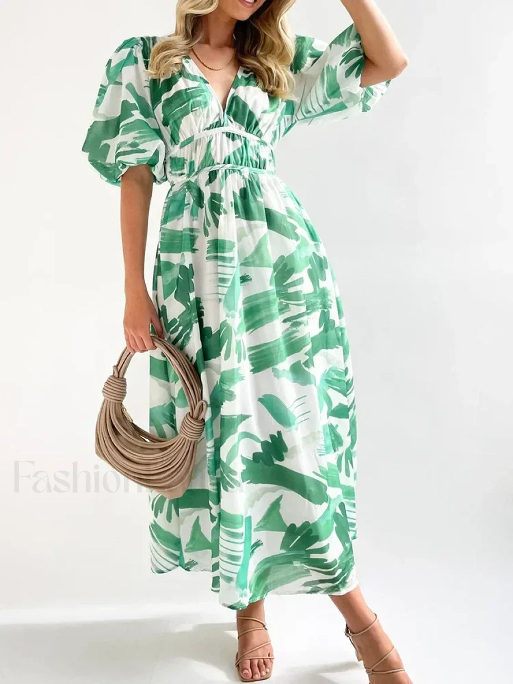Elegant Floral Printed Women V Neck Elastic High Waist Retro Summer Fashion Maxi Dress LIGHT GREEN / S