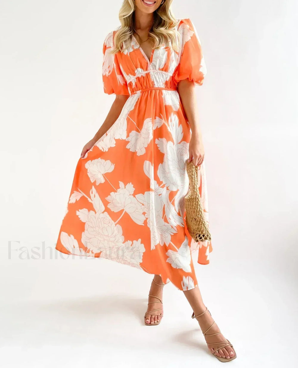 Elegant Floral Printed Women V Neck Elastic High Waist Retro Summer Fashion Maxi Dress Orange / S