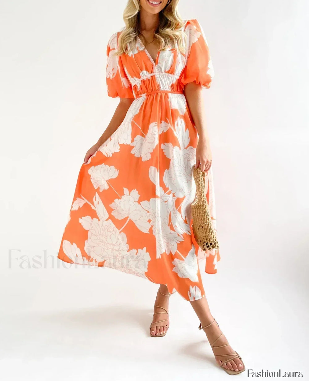 Elegant Floral Printed Women V Neck Elastic High Waist Retro Summer Fashion Maxi Dress Orange / S