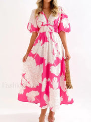 Elegant Floral Printed Women V Neck Elastic High Waist Retro Summer Fashion Maxi Dress Pink / S