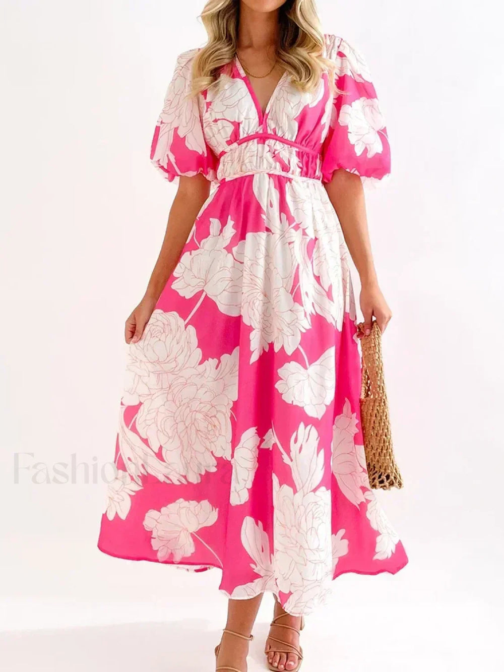Elegant Floral Printed Women V Neck Elastic High Waist Retro Summer Fashion Maxi Dress Pink / S
