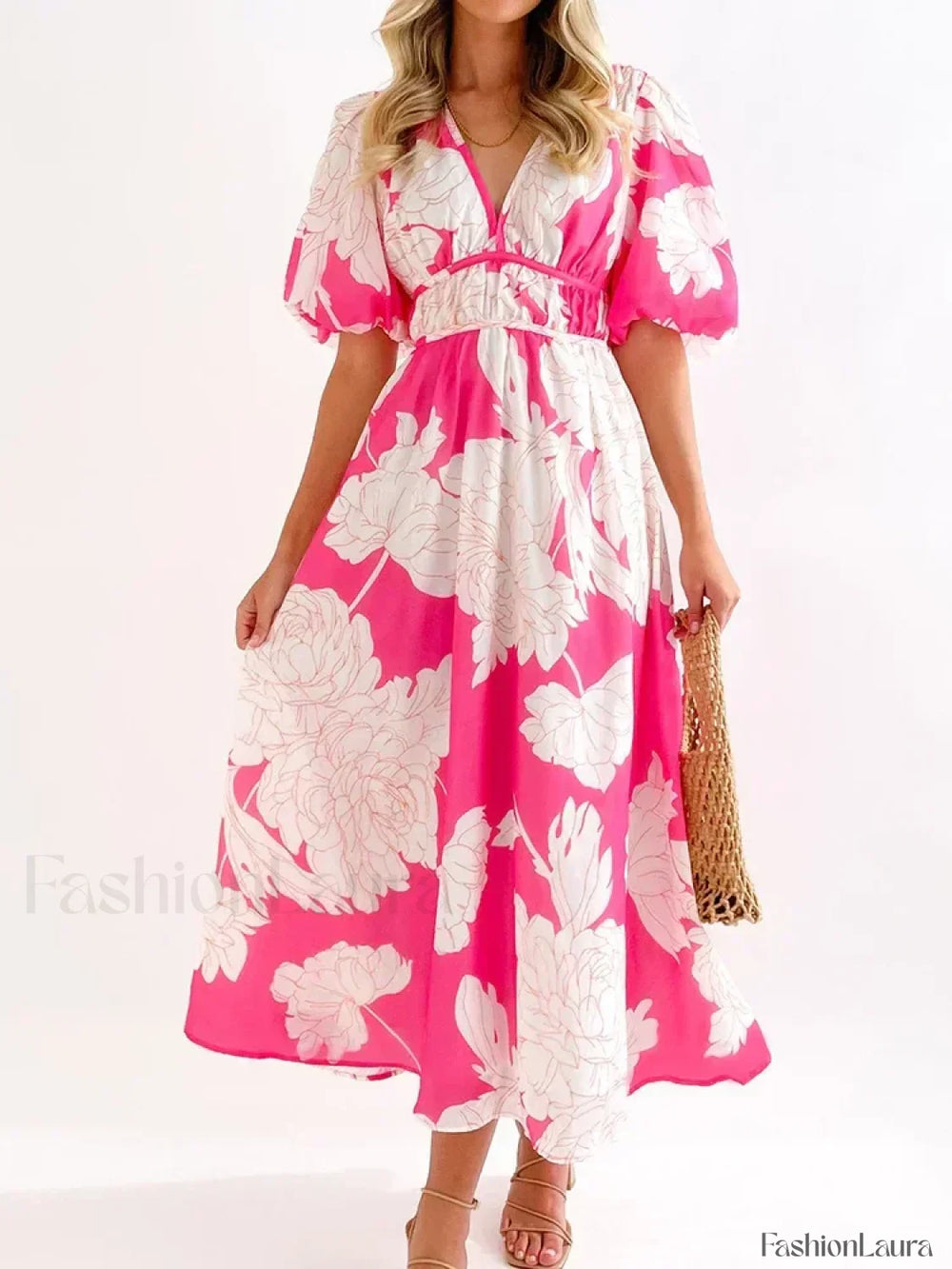 Elegant Floral Printed Women V Neck Elastic High Waist Retro Summer Fashion Maxi Dress Pink / S