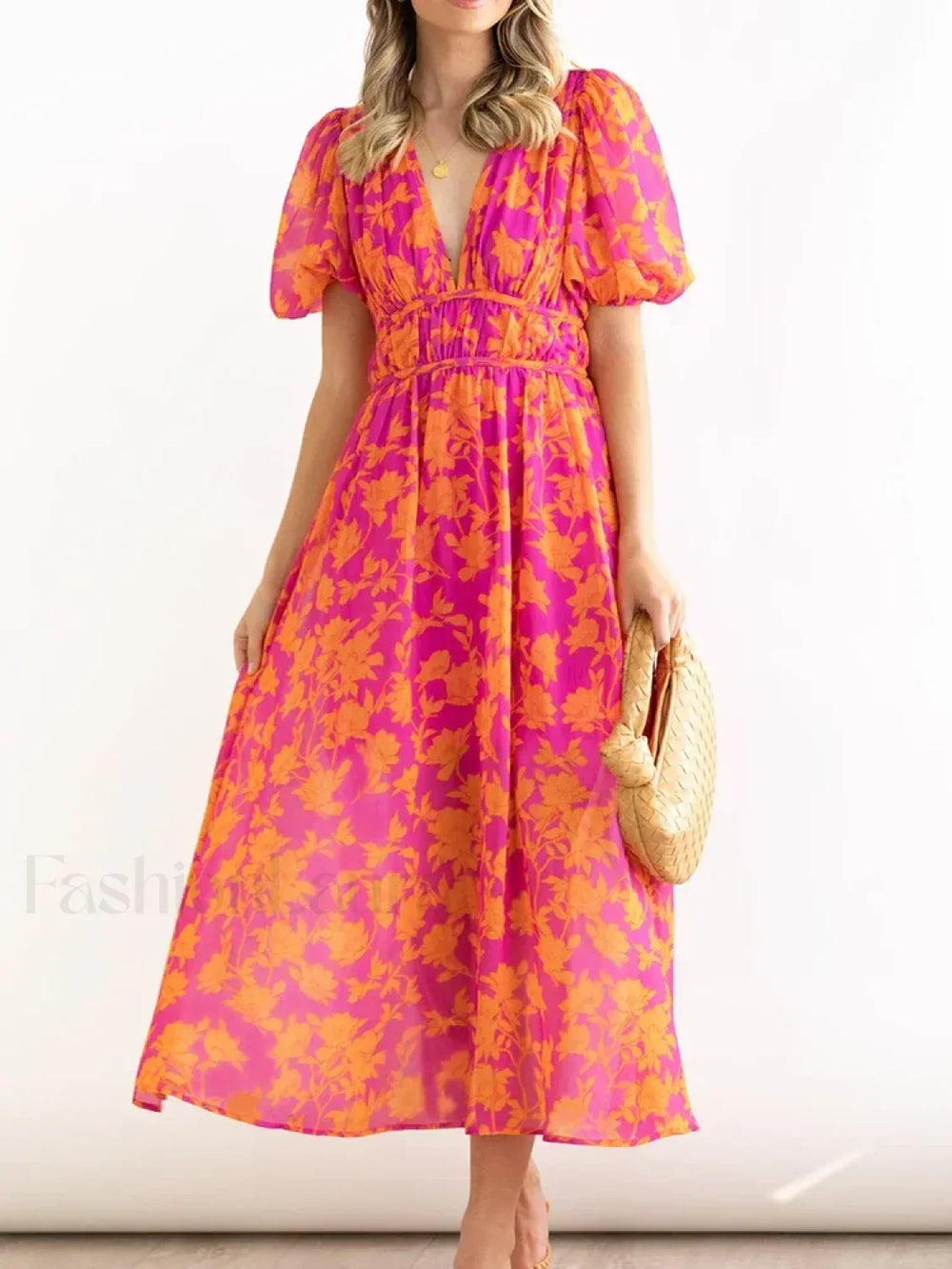 Elegant Floral Printed Women V Neck Elastic High Waist Retro Summer Fashion Maxi Dress Red / S