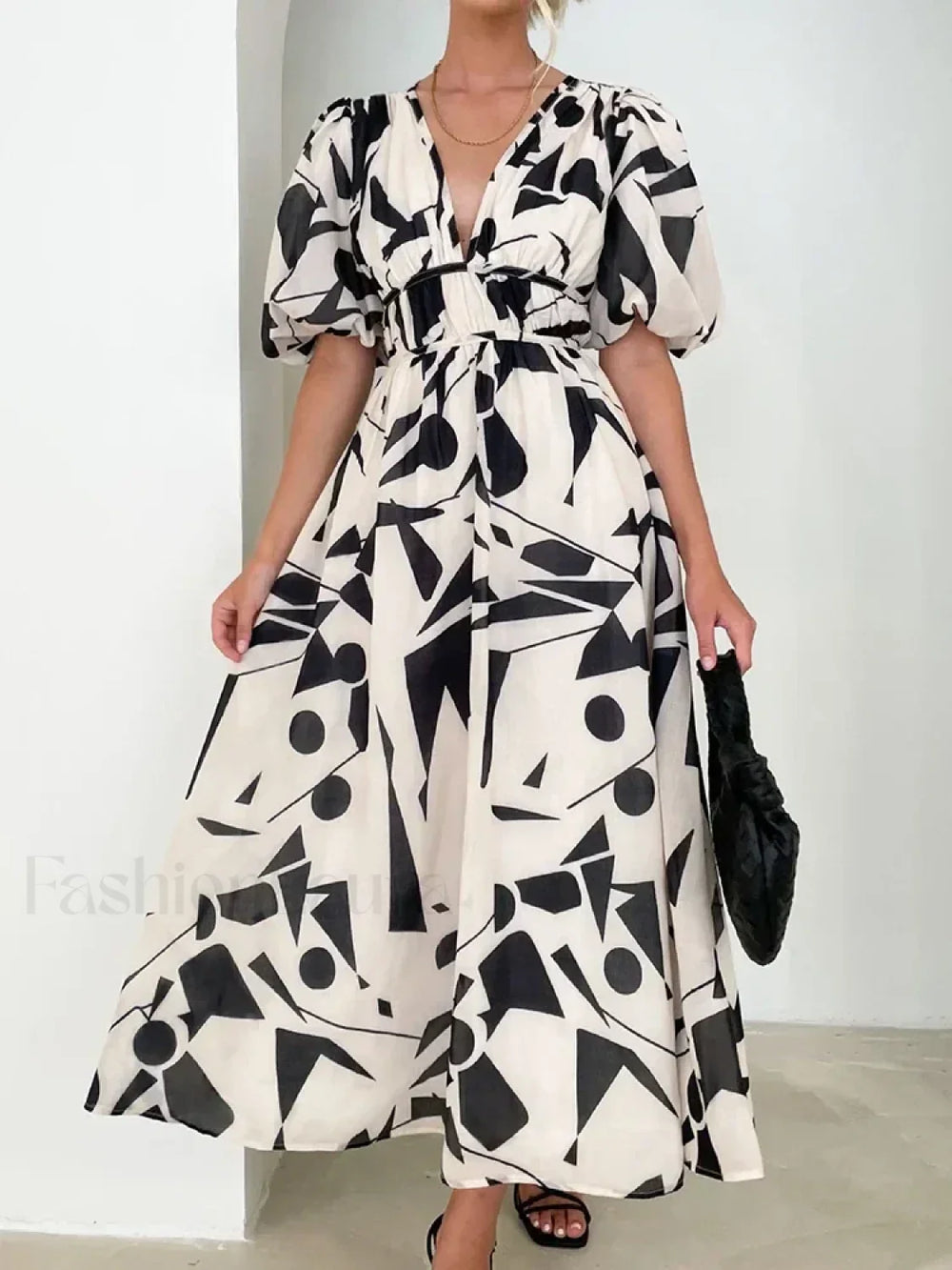 Elegant Floral Printed Women V Neck Elastic High Waist Retro Summer Fashion Maxi Dress White / S