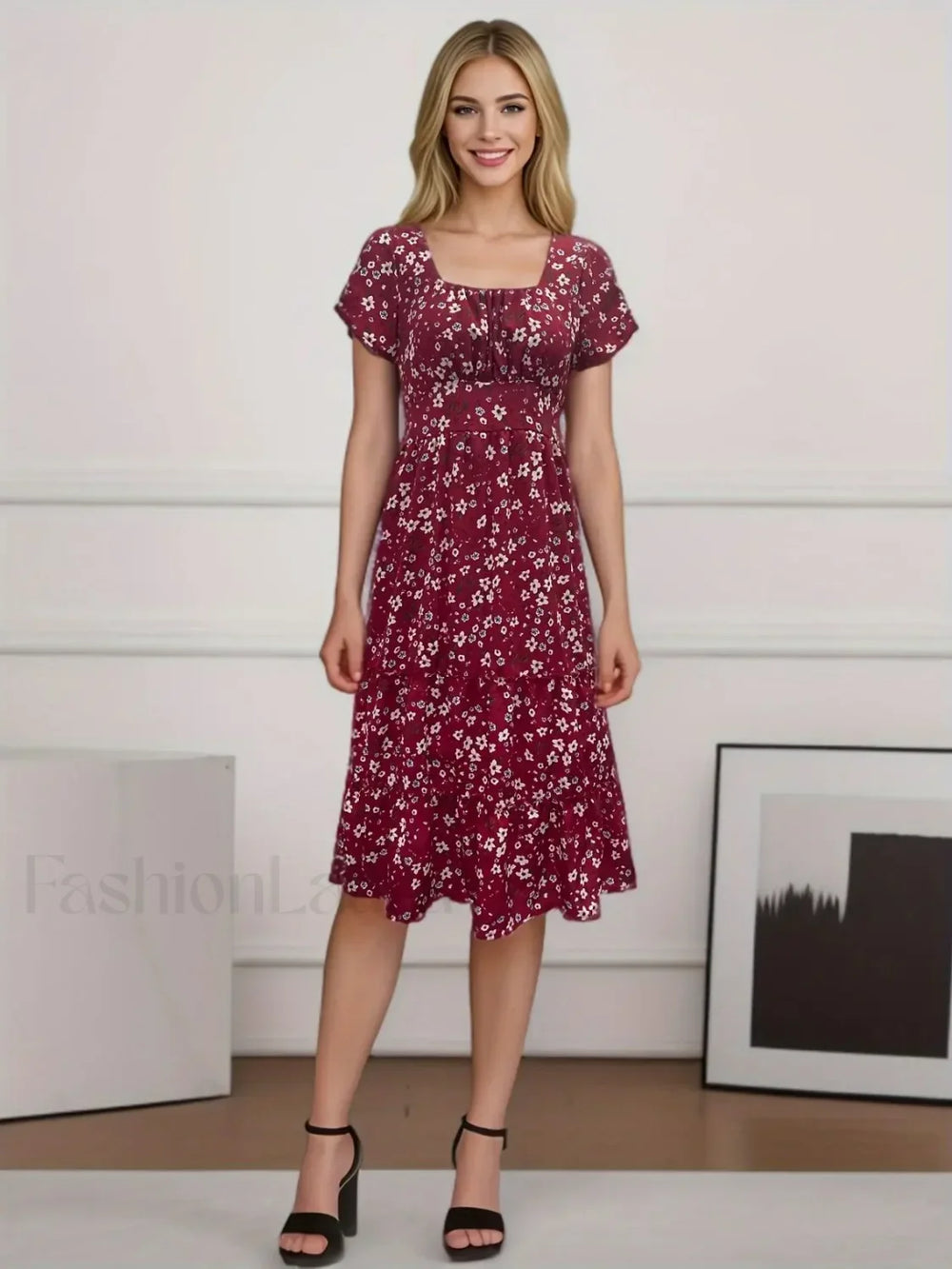Elegant Floral Prints Square Neck Short Puff Sleeve Midi Dress Red / S
