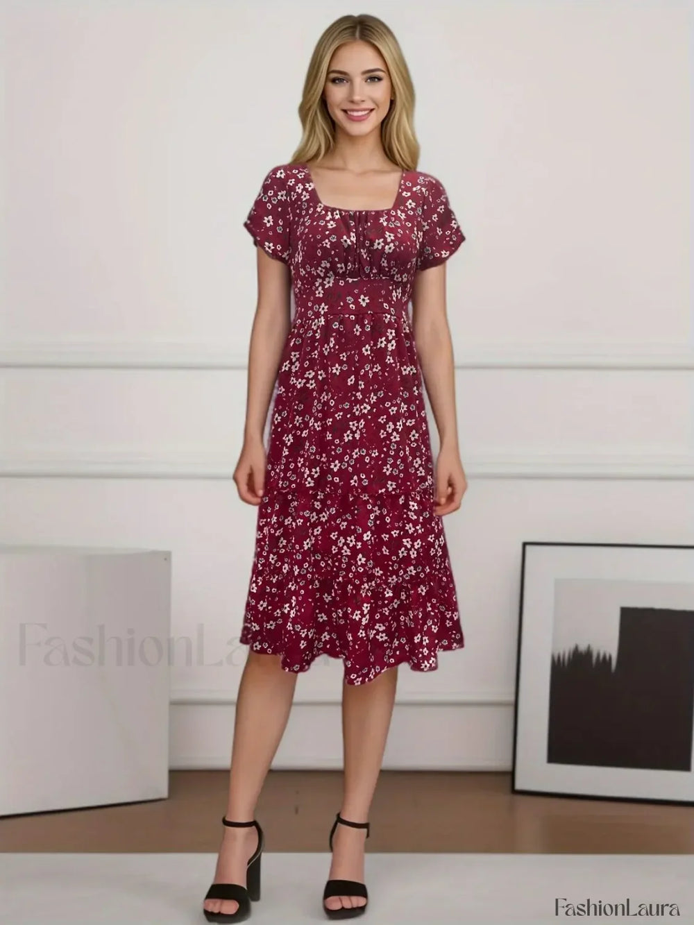 Elegant Floral Prints Square Neck Short Puff Sleeve Midi Dress Red / S