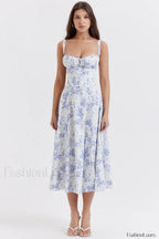 Elegant Floral Side Split Floral Dress white blue / S