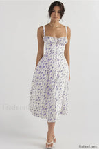 Elegant Floral Side Split Floral Dress white purple / S