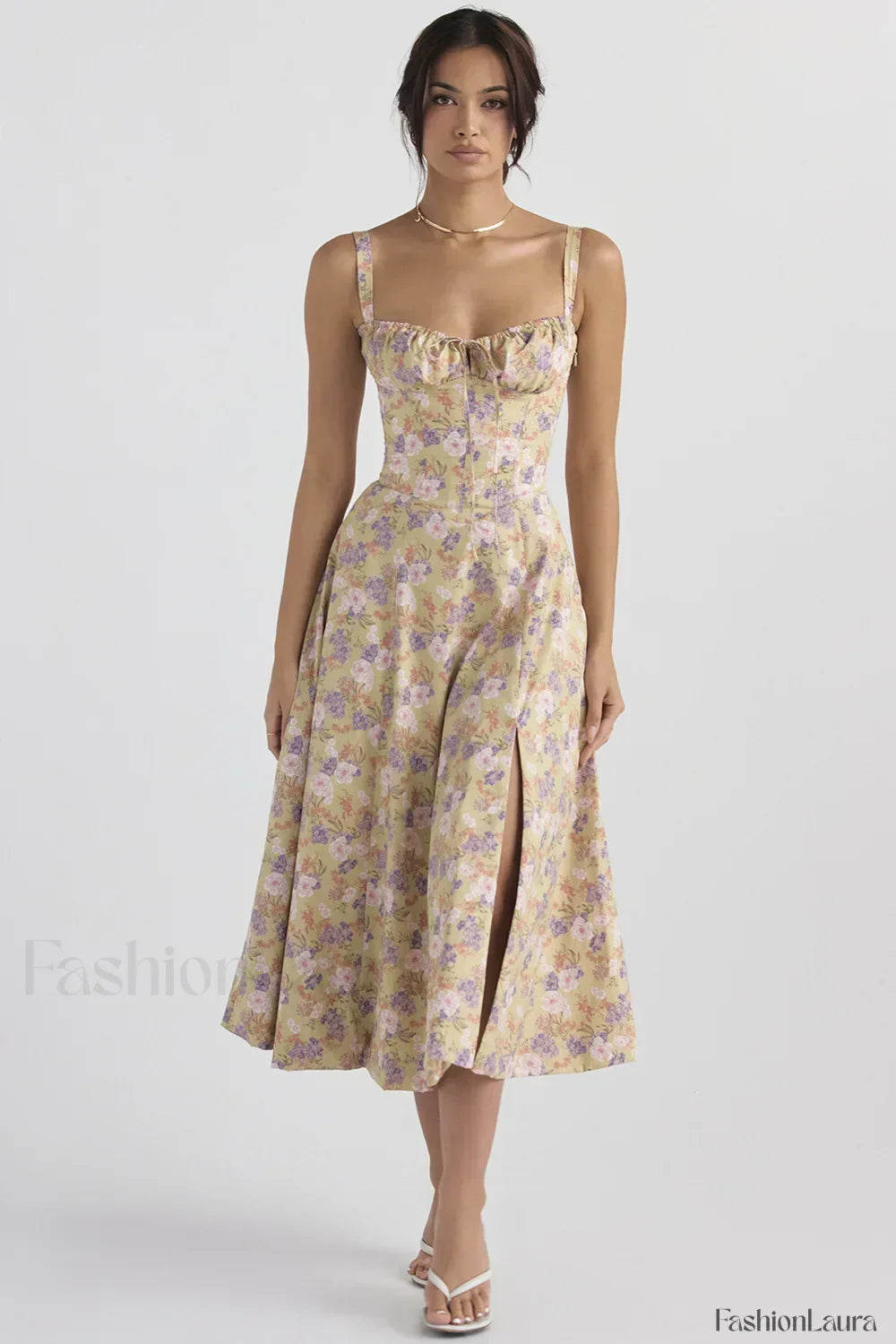 Elegant Floral Side Split Floral Dress yellow purple / S