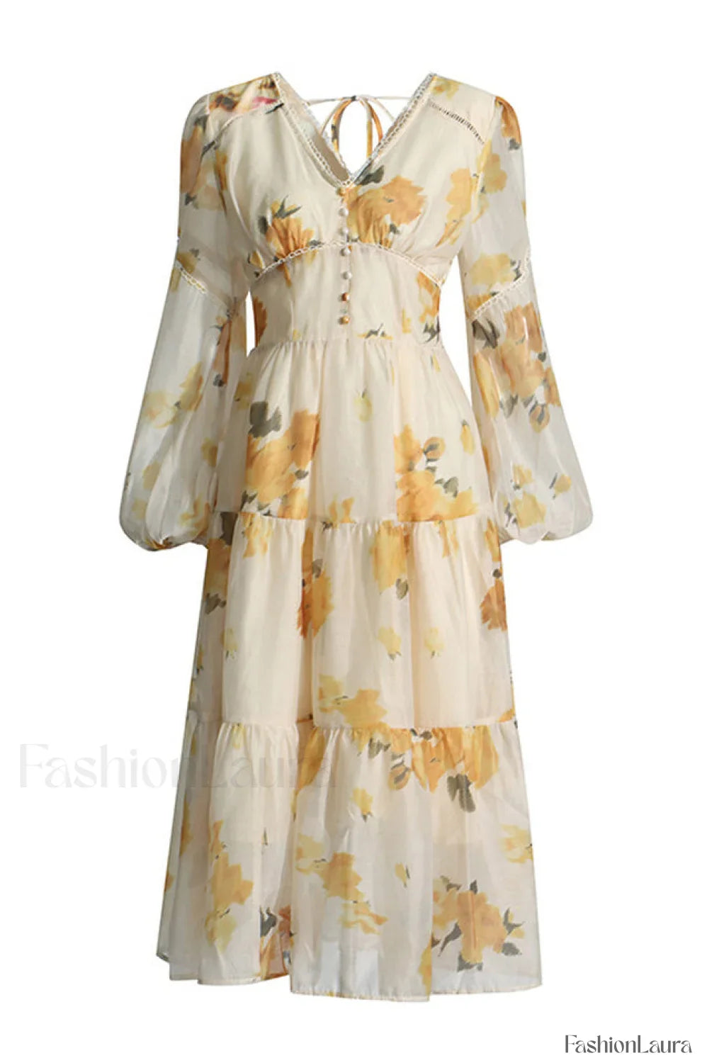 Elegant Floral Stylish Tea Dress S / Yellow Floral