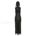 Elegant Gothic Sexy Slash Neck Long Sleeve Shoulder Summer French Chic Split Slim Stretch Ruffles Dress Black / S