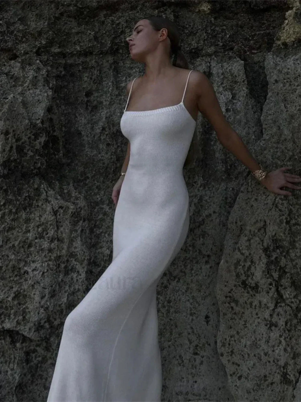 Elegant Knitted Long White Backless Bodycon Lace Up Slit Maxi Dress