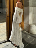 Elegant Lace Mesh White Floral Dress