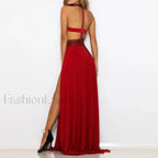 Elegant Lace Red Christmas Party Dress with High Split and Backless Design Christmas