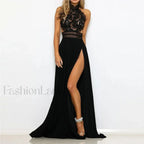 Elegant Lace Red Christmas Party Dress with High Split and Backless Design Christmas