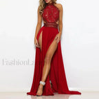 Elegant Lace Red Christmas Party Dress with High Split and Backless Design Christmas