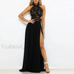 Elegant Lace Red Christmas Party Dress with High Split and Backless Design Christmas