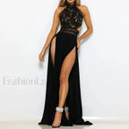 Elegant Lace Red Christmas Party Dress with High Split and Backless Design Black / S Christmas