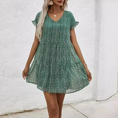 Elegant Leopard Print Floral Prints Summer Women 2024 New Loose V Neck Ruffled Short Sleeved Mini Dress