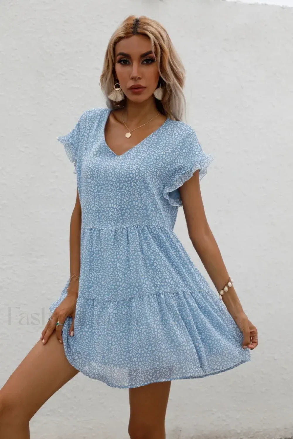 Elegant Leopard Print Floral Prints Summer Women 2024 New Loose V Neck Ruffled Short Sleeved Mini Dress Light Blue / S