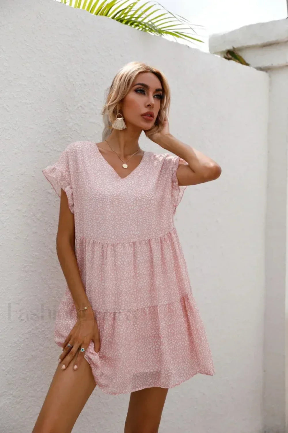 Elegant Leopard Print Floral Prints Summer Women 2024 New Loose V Neck Ruffled Short Sleeved Mini Dress Pink / S