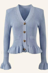 Elegant Lotus Leaf Hem Knit Cardigan Blue / S