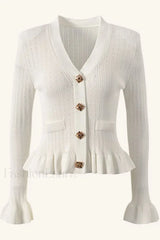 Elegant Lotus Leaf Hem Knit Cardigan White / S