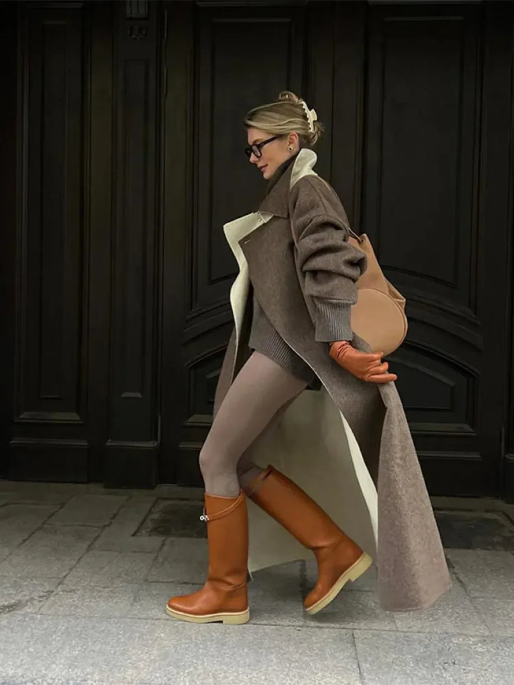 Elegant Patchwork Lapel Long Sleeve Woolen Overcoats