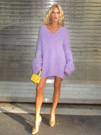 Elegant Purple Deep V Neck Knitted Pullover Casual Long Sleeves Loose Sweater Sweaters L
