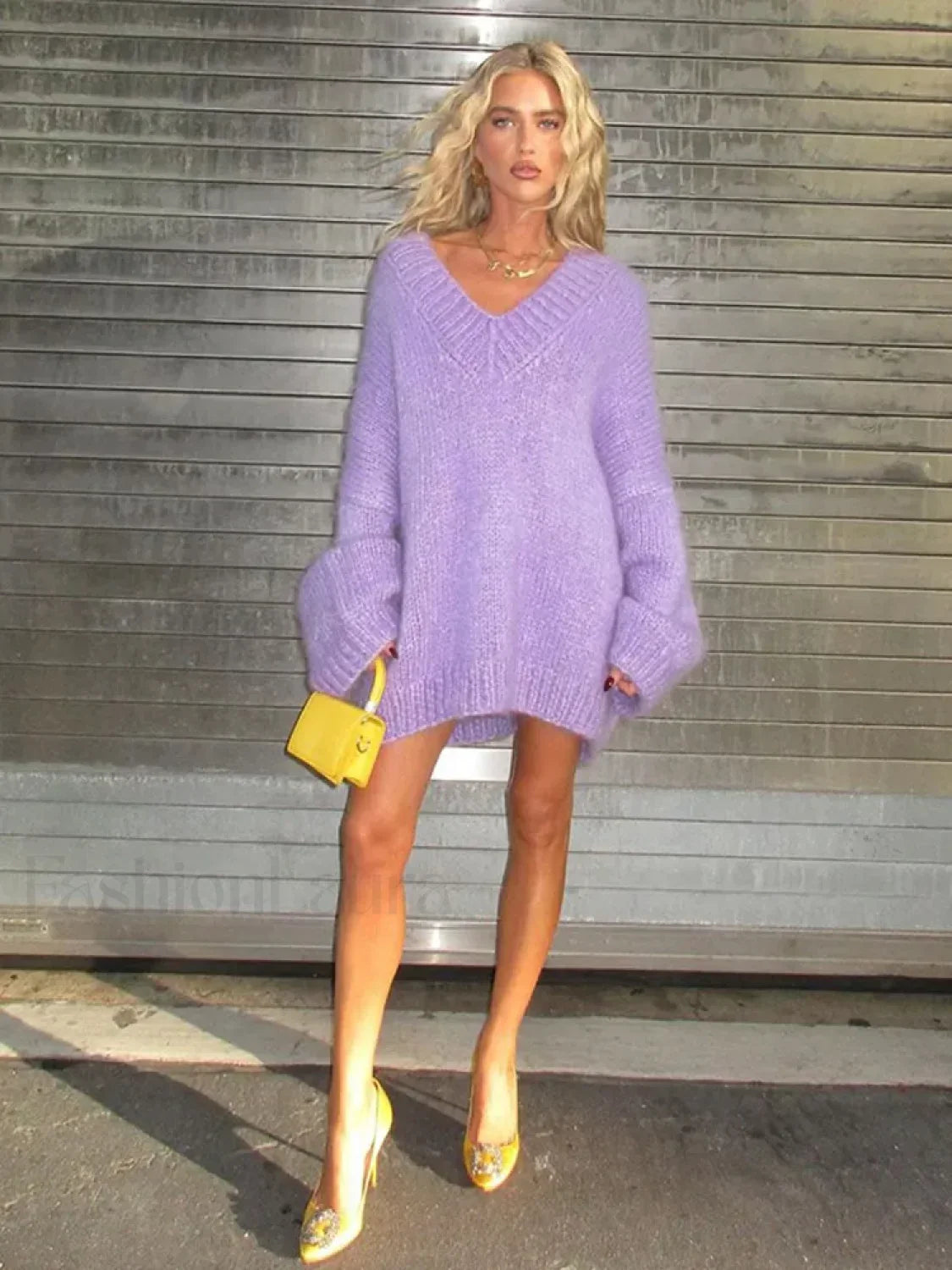 Elegant Purple Deep V Neck Knitted Pullover Casual Long Sleeves Loose Sweater Sweaters L