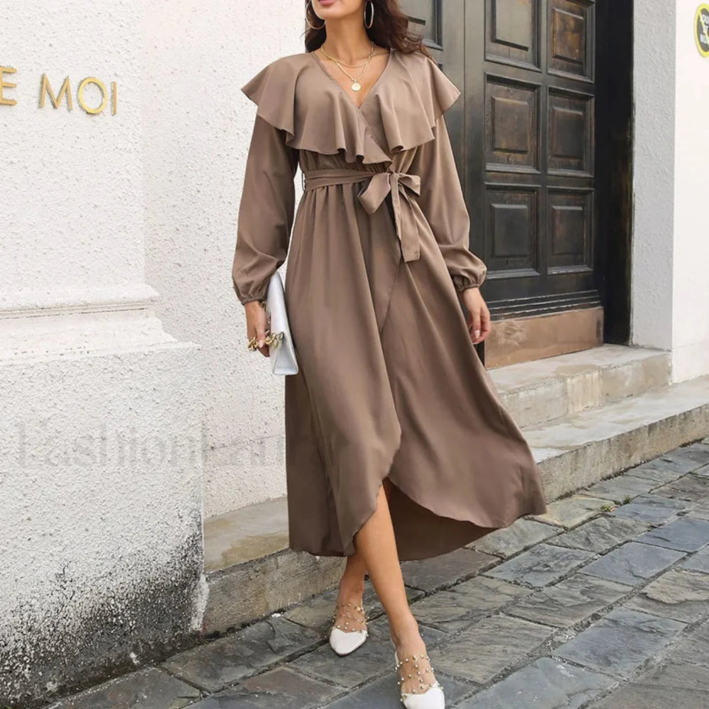 Elegant Ruffle Hem Split Fall V neck Lantern Sleeve Solid Slim Midi Dress