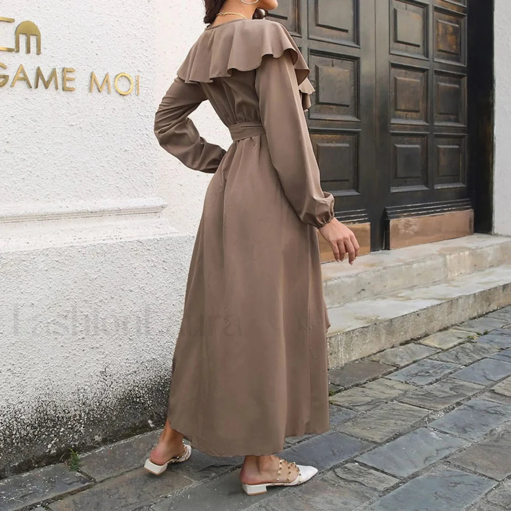 Elegant Ruffle Hem Split Fall V neck Lantern Sleeve Solid Slim Midi Dress