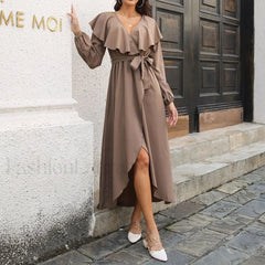 Elegant Ruffle Hem Split Fall V neck Lantern Sleeve Solid Slim Midi Dress