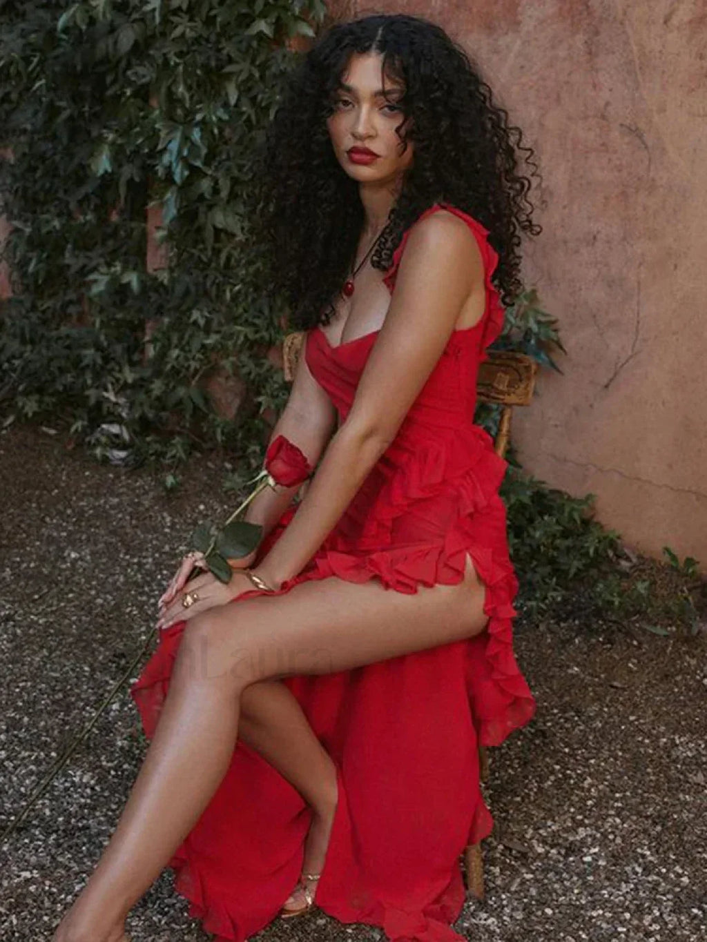 Elegant Ruffled Maxi Dress High Split V Neck Party Floral Dress