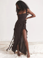 Elegant Ruffled Maxi Dress High Split V Neck Party Floral Dress brown / S