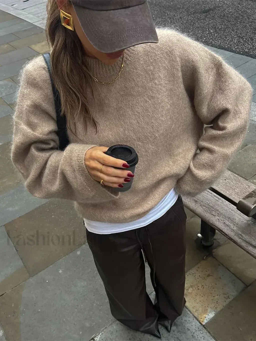 Elegant Solid Mohair Soft Knitted Pullover Women Casual O neck Long Sleeve Loose Sweater Khaki / S Sweaters L