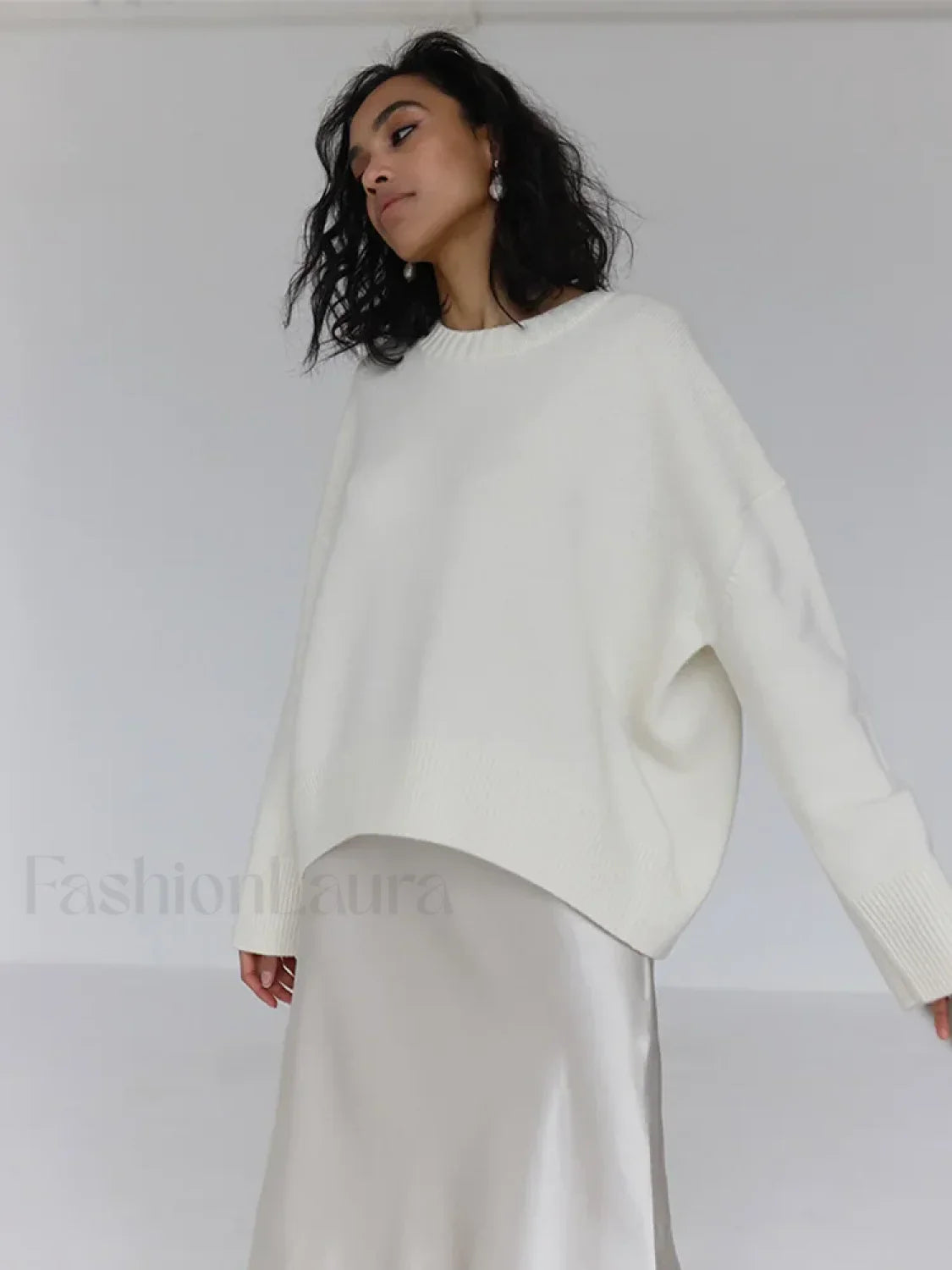 Elegant Solid Round Neck Pullover Women Casual Long Sleeve Loose Soft Warm Sweater Sweaters L