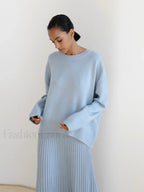 Elegant Solid Round Neck Pullover Women Casual Long Sleeve Loose Soft Warm Sweater Sweaters L