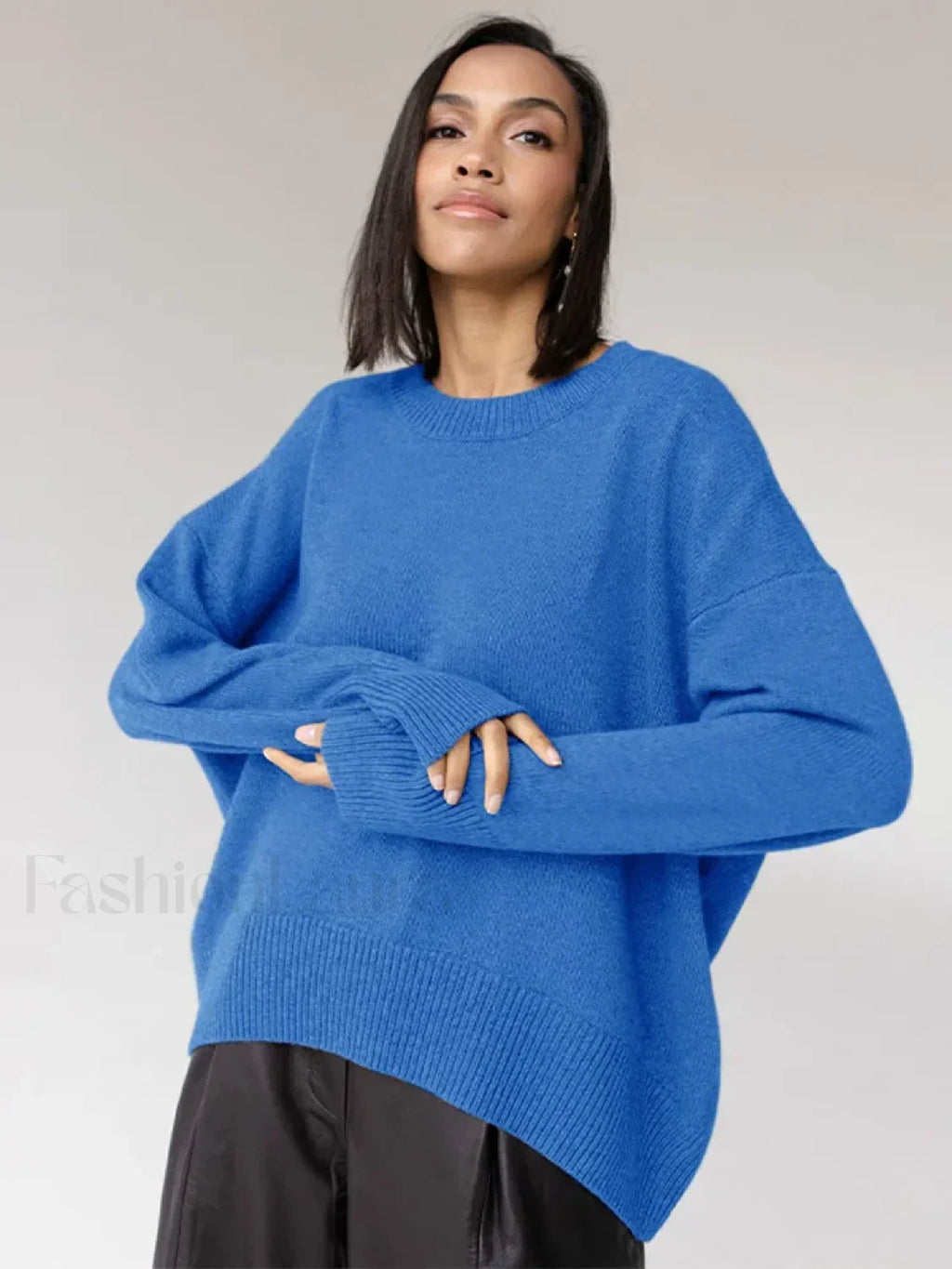 Elegant Solid Round Neck Pullover Women Casual Long Sleeve Loose Soft Warm Sweater Sweaters L