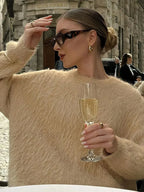 Elegant Solid Round Neck Warm Pullover For Women Casual Long Sleeves Loose Sweater Sweaters L