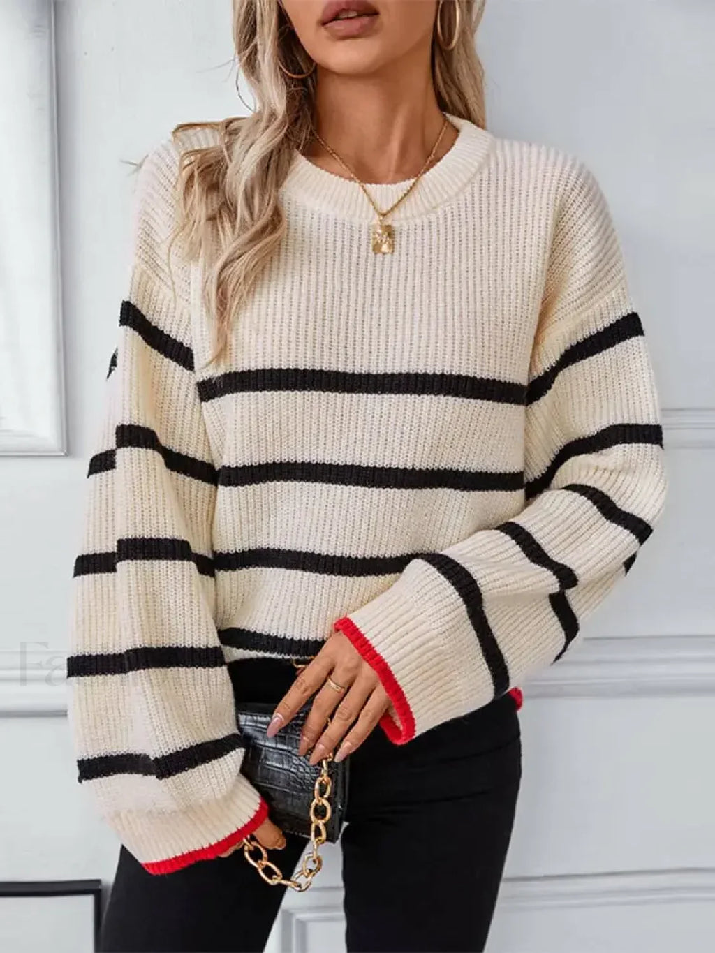 Elegant Striped Round Neck Knitted Pullover Women Casual Long Sleeve Loose Sweater Sweaters L