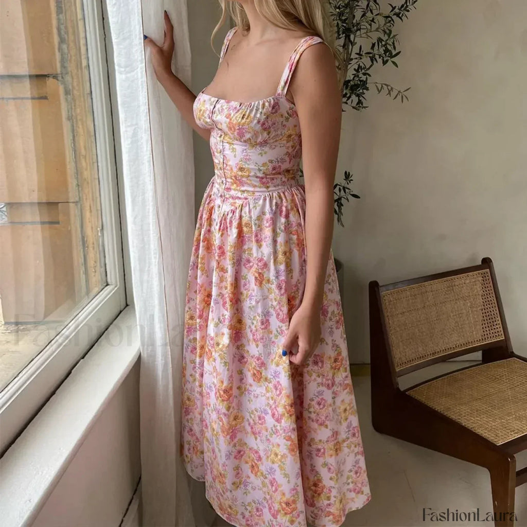 Elegant Summer Floral Print Midi Dress Yellow Lace Up Pocket Floral Dress Pink / XS