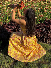 Elegant Summer Floral Print Midi Dress Yellow Lace Up Pocket Floral Dress Yellow / XS
