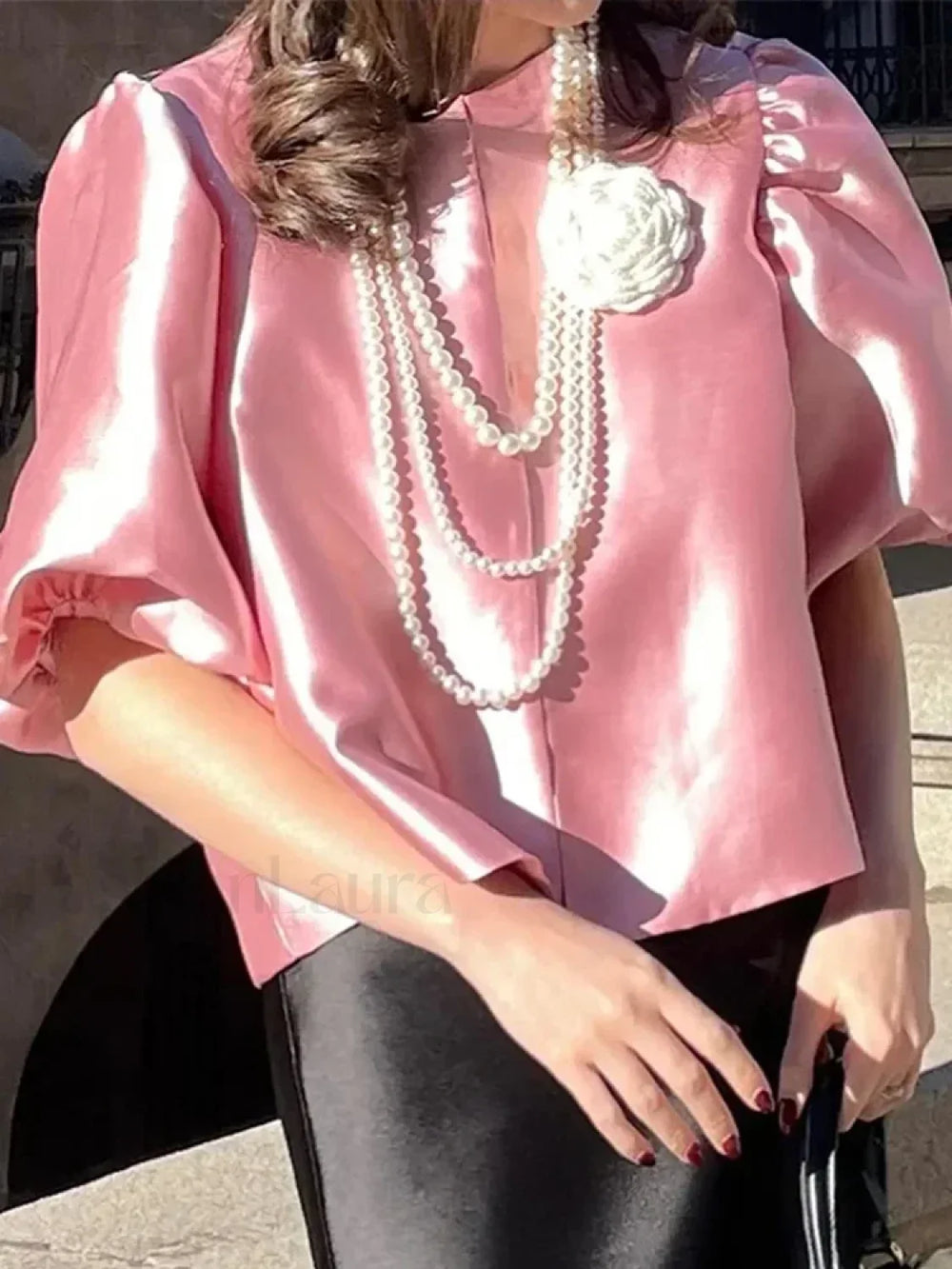 Elegant White Satin Short O neck Female Lady Blouse