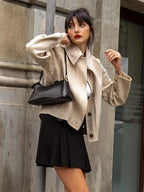 Elegant Women’s Short Woolen Coat Loose Lapel Single Breasted Long Sleeve Overcoats