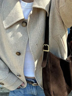 Elegant Women’s Short Woolen Coat Loose Lapel Single Breasted Long Sleeve Overcoats