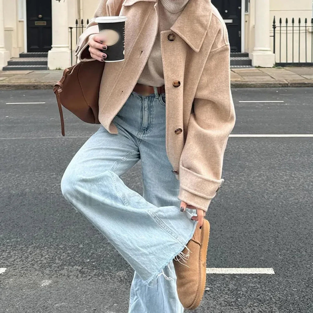 Elegant Women's Short Woolen Coat Loose Lapel Single Breasted Long Sleeve Overcoats